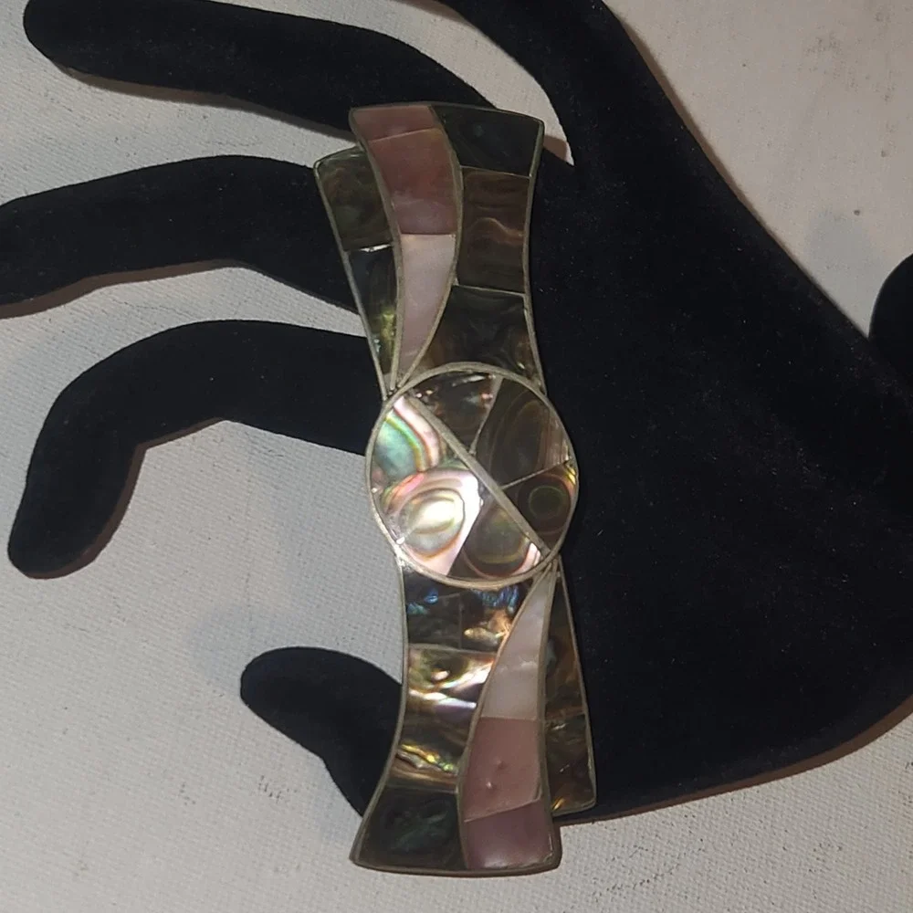Vintage Alpaca Mexico Abalone Mother of Pearl Inlay Bow Hair Barrette Clip 3.5in